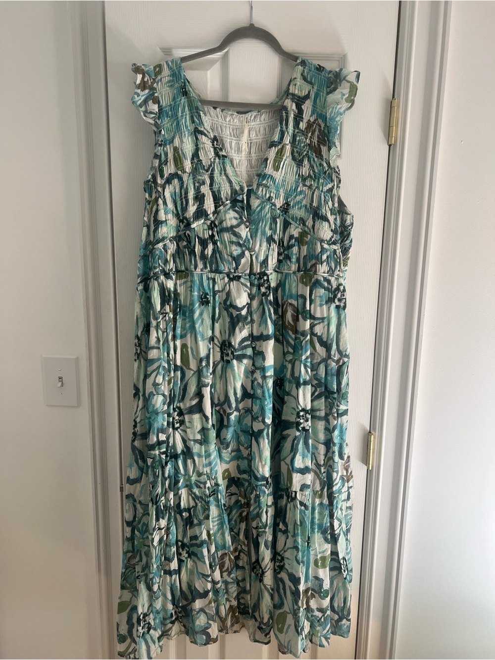 Anthropologie Peregrine Midi Dress Teal and White Floral